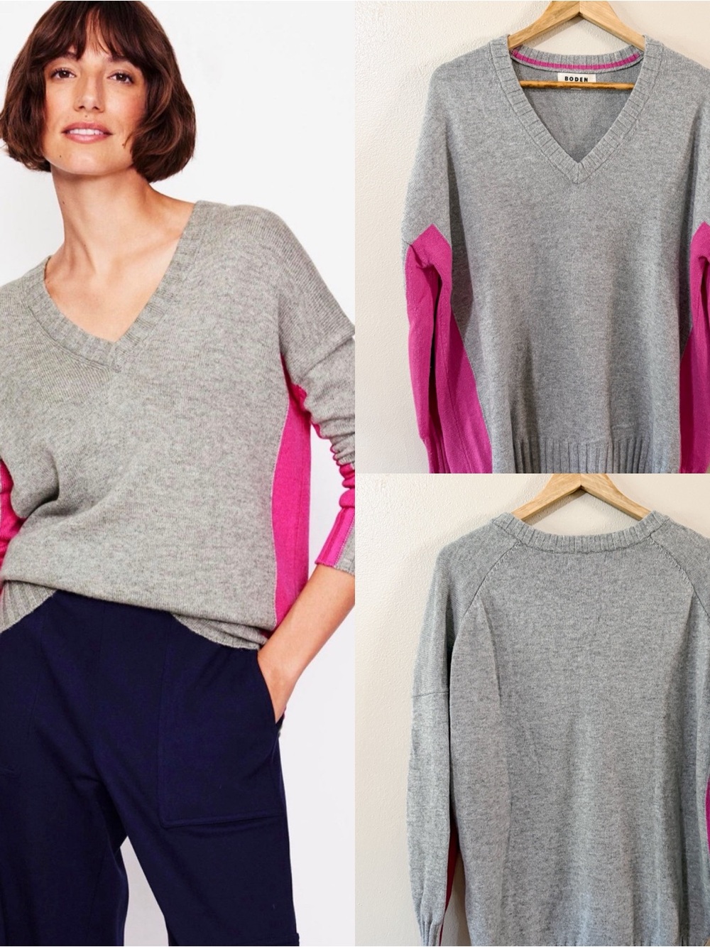 Boden | Zia Longline Colorblock Wool Blend‎ Jumper, large, grey/pink
